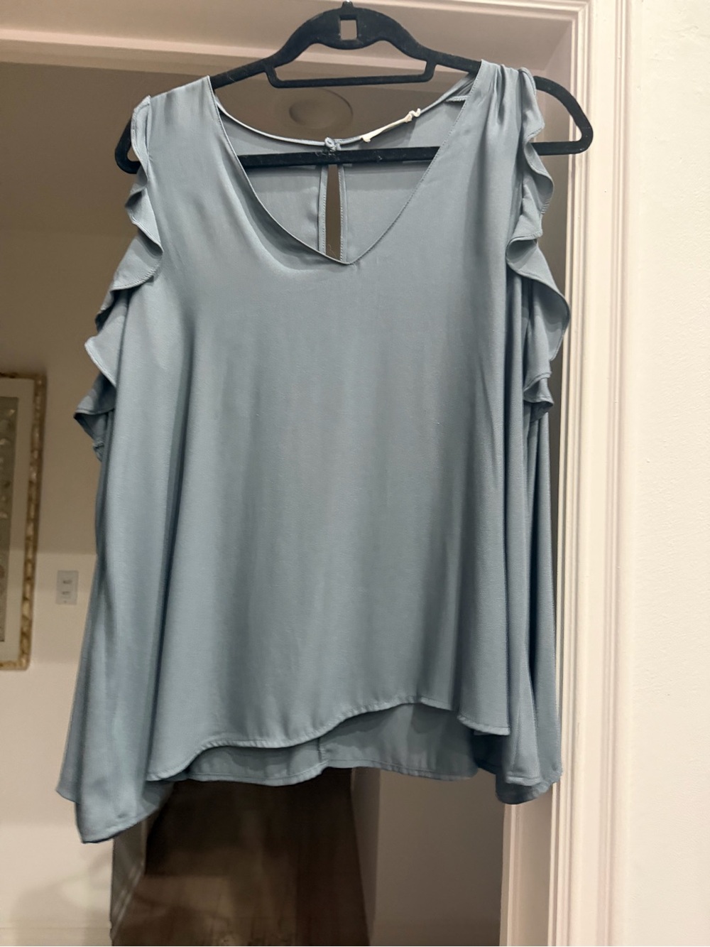 Cold-Shoulder Ruffle V-Neck Blouse in Dusty Blue